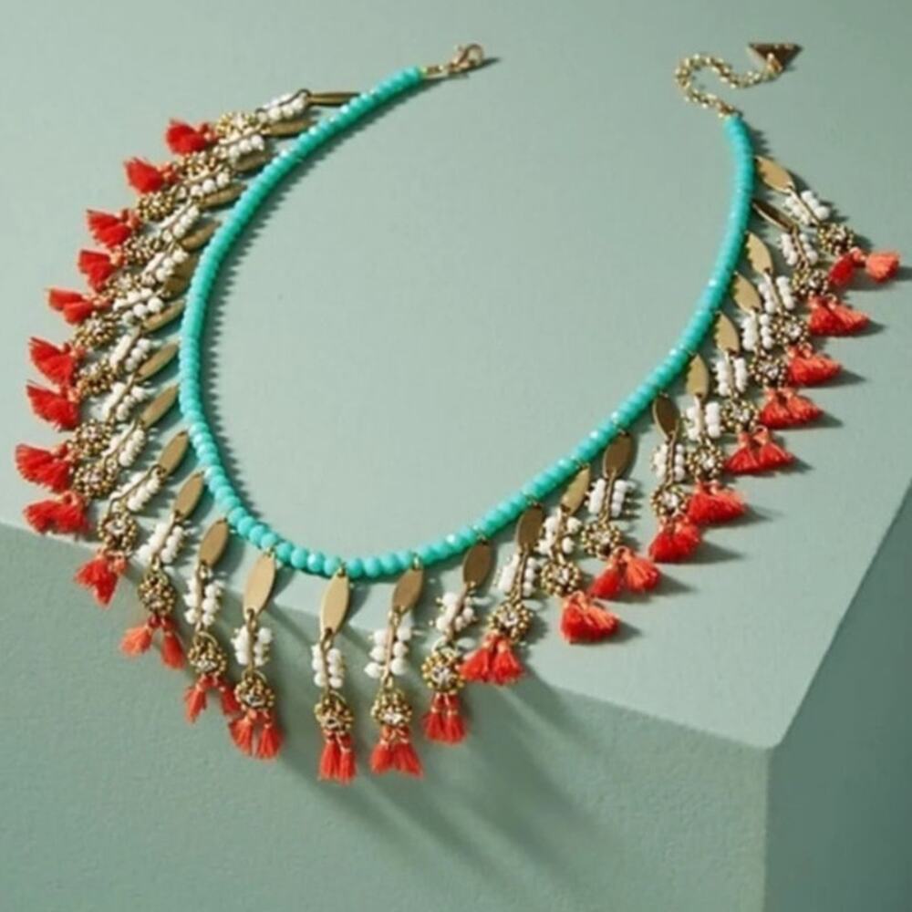 Anthropologie Serafina Miranda Beaded Choker Necklace Multicolor Teal Coral Gold